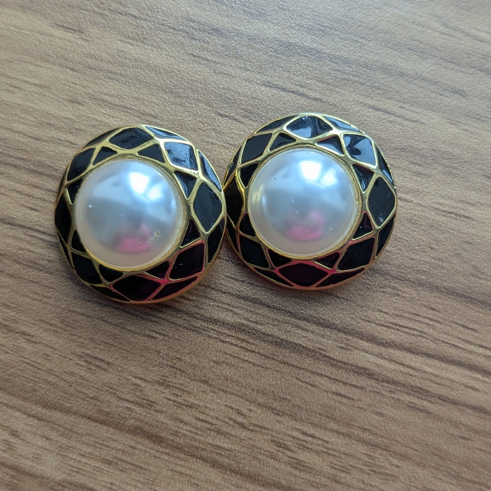 Black Enamel and Gold Clip-0n Earrings with Pearl Accent